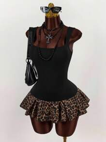 Amplova Women Vintage Wild Basic Square Neck Tight A-Line Pleated Mini Dress, Summer Leopard Print - Multicolor - View 1