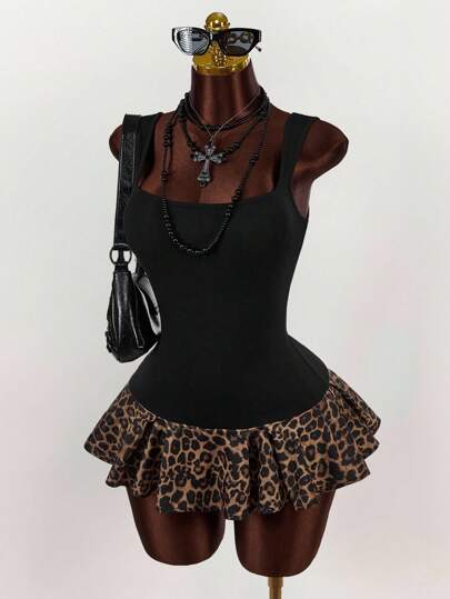 Amplova Women Vintage Wild Basic Square Neck Tight A-Line Pleated Mini Dress, Summer Leopard Print