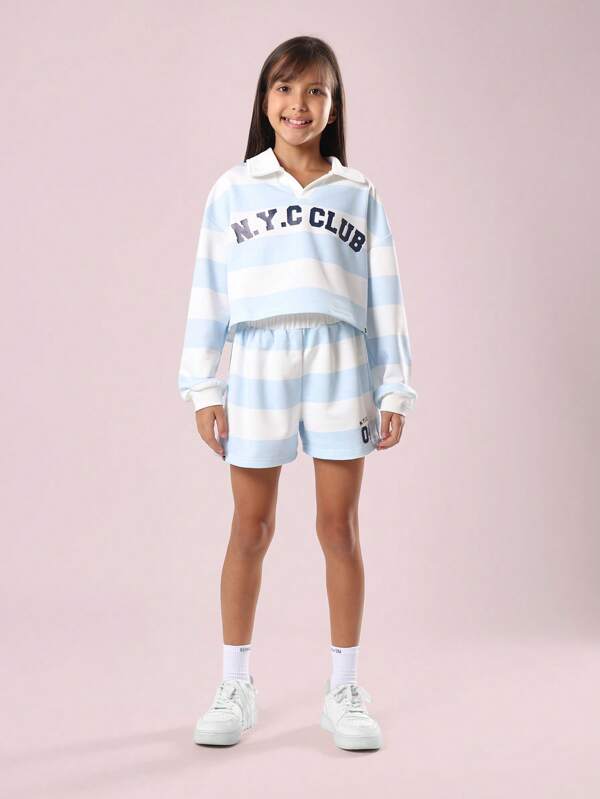 SUMWON NYC Club Gestreifter Loungewear Poloshirt Set, Sommermode, Collegestil, Kinder, Ferien, Strand, Sportlich, Resort, Lässig, Frühjahr Saison