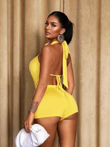 Sirith Sexy, Low Cut Backless Yellow Floral Design Jumpsuit For Women, Suitable For Vacation And Dating, Spring/Summer - Yellow - View 2