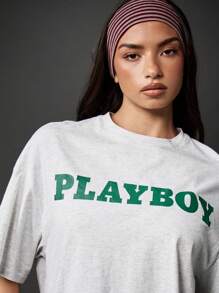 Missguided x Playboy Lässiges Retro Sport-Magazin-Grafik Vintage Oversized Baumwoll-T-Shirt, Streetwear-Stil für alle Jahreszeiten, Alltagskleidung, klassisches College-T-Shirt