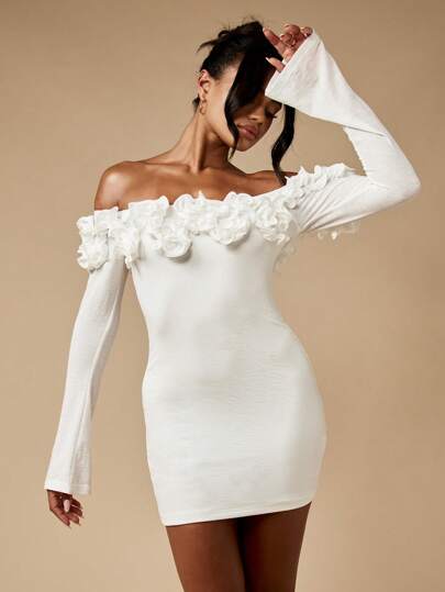 off shoulder balloon sleeve dress Surplice Off Shoulder Midi Dress with Balloon Sleeves