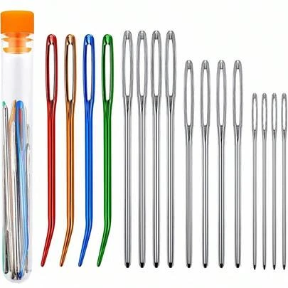 17 Adet Paslanmaz Çelik Goblen İğnesi (12 Adet) + Renkli Bükülmüş Tığ İğneleri (4 Adet) Dikiş, Tığ İşi, Kendin Yap Örgü için 1 Saklama Kutusu (Tüm Stiller ve Renkler Rastgele)