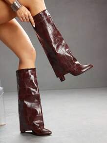 CUCCOO SZL Botas altas hasta la rodilla de tacón alto con estampado de piedra de moda para mujeres - Café integral - Ver 7