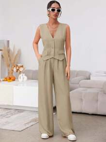 SHEIN Solid Color Vest And Pants Casual Two Piece Set - Apricot - View 5