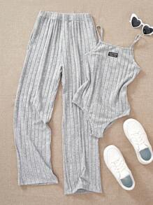 小众设计复古酷炫时尚休闲百搭修身针织吊带背心和阔腿裤套装 - 灰色 - 查看 7