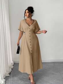 Elenzga 大码女式优雅 V 领前扣系腰撞色休闲连衣裙