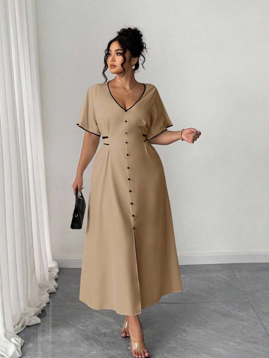 Elenzga 大码女式优雅 V 领前扣系腰撞色休闲连衣裙