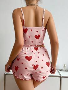 SHEIN Casual Underwear&Sleepwear 女士心形印花荷叶边吊带上衣和短裤睡衣套装女士两件套睡衣套装两件套短裤套装女士夏季休闲套装女士女士心形印花睡衣套装女士可爱睡衣套装 - 粉色 - 查看 2