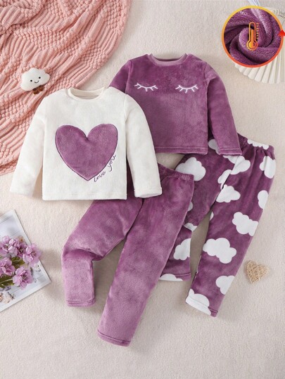 SHEIN Playful Pals 4pcs/Set Girls Cloud & Heart Pattern Long Sleeve Casual Comfortable Plush Pajamas Set Heart Pajama Set,Suitable For Girls Aged 4-7,Back To School Fall Winter