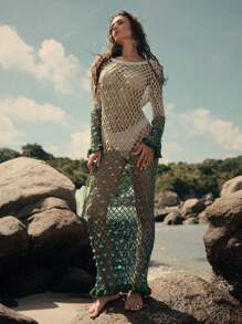 Anewsta 女士夏季度假海滩渐变色渔网亮片鱼尾下摆罩衫 - 彩色 - 查看 6