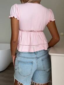 SHEIN EZwear 女士休闲简约纯色V领短袖T恤，腰部收紧设计，适合外出穿着，娃娃衫款式 - 粉色 - 查看 2