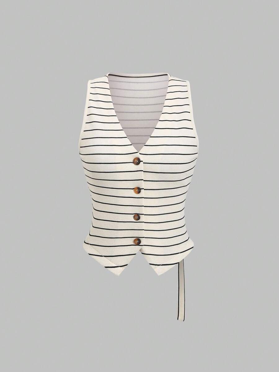 Sweetra Women's Retro Elegant V-Neck Backless Contrast Striped Sleeveless Vest Top