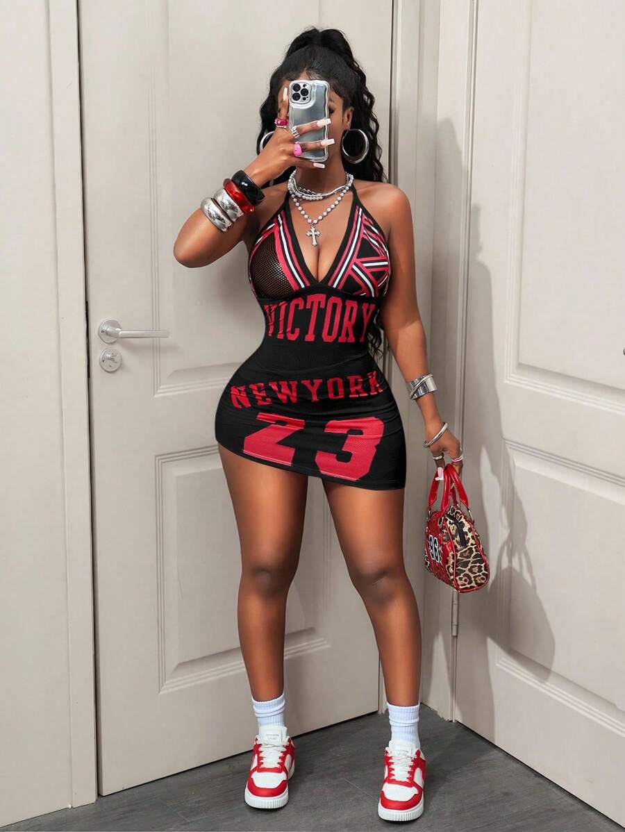 BamGleam 女式字母印花低胸紧身连衣裙 - 黑色 - 查看 1