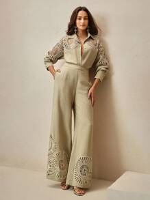 Anewsta 优雅通勤镂空长袖衬衫阔腿裤套装