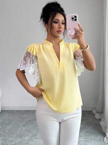 Elenzga Women's Fashion Lace Splice Sleeve V-Neck Blouse