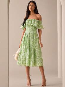 Lilora 女士优雅露肩花卉印花中长休闲连衣裙，通勤和日常穿着都市风格优雅浪漫 V 领连衣裙都市休闲，浪漫优雅，外出 - 酪梨綠 - 查看 8