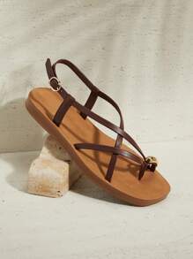 SHUZIA Women's Comfort Sandal Thin Strap Upper With Gold Toe Ring - Chocolate Brown - View 4