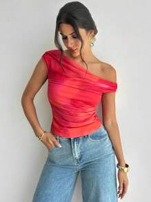 Firerie 女式斜肩渐变褶不对称领口 T 恤，花卉印花上衣，斜肩衬衫，春夏服装，适合海滩、通勤、优雅、性感、度假、波西米亚风、夏威夷风、音乐节、浪漫、约会 - 彩色 - 查看 6