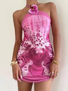 Aloruh Women's Floral Embellished Halter Mini Dress - Pink - View 3