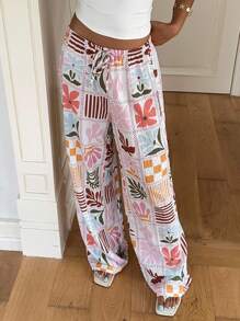 Aloruh 女士秋季花卉印花系腰阔腿裤，度假装夏季海滩度假装 - 彩色 - 查看 7