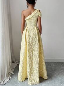Elenzga Váy vải Jacquard dáng xòe cổ không đối xứng màu kem lãng mạn thanh lịch dành cho nữ - Butter Yellow - Xem 2