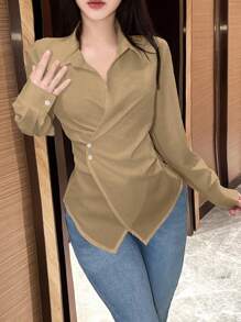 SHEIN Unity 女士纯色前纽扣长袖衬衫领简约衬衫，休闲日常穿着 - 卡其色 - 查看 3
