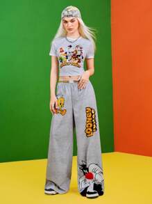 LOONEY TUNES X SHEIN 2pcs/Set Women Letter & Cartoon Graphic Short Sleeve Crop Top And Elastic Waist Wide Leg Pants - Grey - View 7