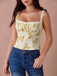Enchnt 夏季浪漫女士奶油黄色花卉印花系带前褶皱方领吊带背心上衣，休闲舒适，适合生日、节日派对、甜蜜约会、日常通勤、度假和婚礼季节必备，夏季百搭女士，音乐会女士 - 黃色 - 查看 1