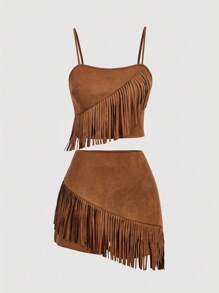 SHEIN MOD Bộ đồ tua rua da lộn nâu 2 món cỡ lớn cho nữ, Trang phục lễ hội âm nhạc, Phong cách miền Tây, Trang phục miền Tây, Trang phục hòa nhạc ven biển, Trang phục sa mạc, Bộ đồ nghỉ lễ hai món, Dành cho đi chơi - Lạc đà - Xem 2