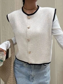 Siren Gaze 女士撞色镶边圆领休闲百搭短款针织背心，杏色针织开衫金属纽扣款针织背心外套，针织毛衣，秋冬四季皆宜 - 杏色 - 查看 6