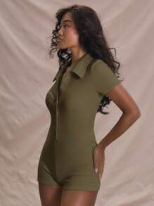 MUSERA Durchsichtiger gestrickter figurbetonter Knopfverschluss Kurzarm Kragen Jumpsuit Frühling Sommer Outfits Urlaub Feiertag Elegant Niedlich Lässig Frühling Sommer Urlaub Festival Konzert Nashville Süß Mädchenhaft - Braun - Übersicht 2