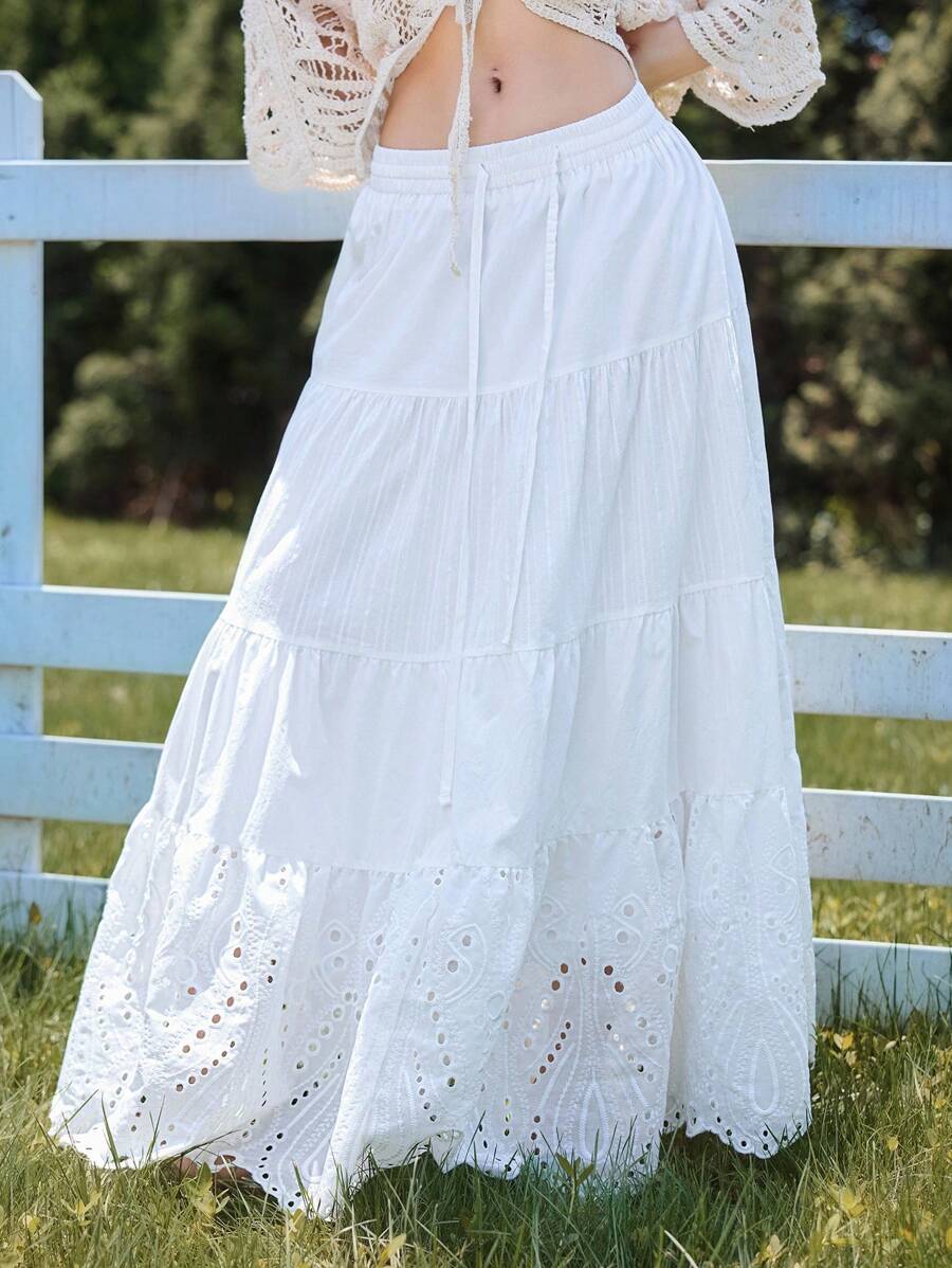 DAZY 女士宽松拼接喇叭度假半身裙，春夏款 - 白色 - 查看 1