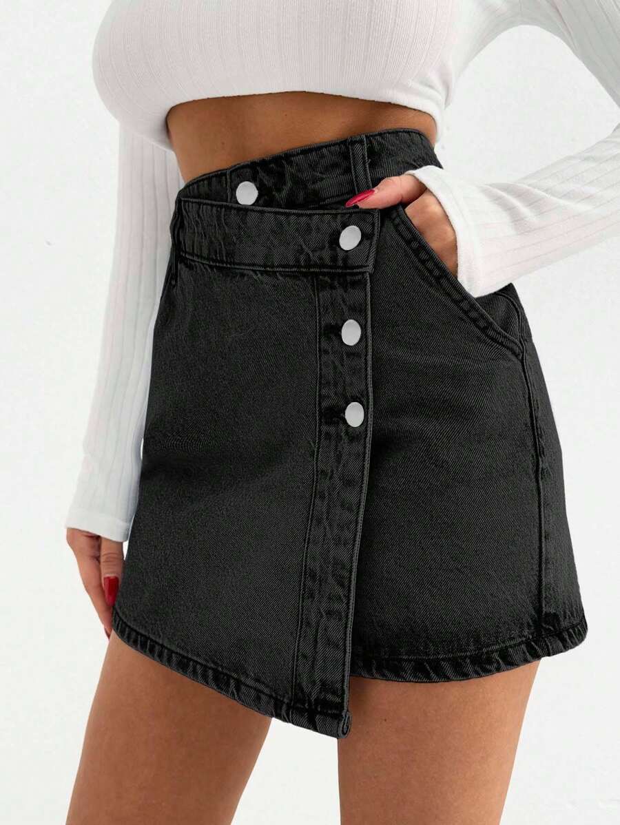 EURMUSE WOMEN MINI SKIRT MEDIUM WASH BUTTON DETAIL - Black - View 1
