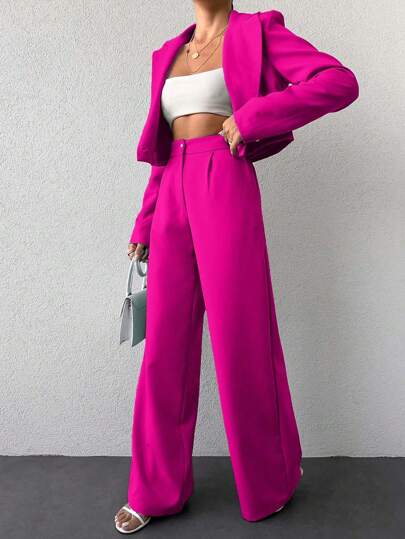 EURMUSE Damski jednolity kolor, kołnierz z klapami, długi rękaw, kurtka i spodnie, swobodny zestaw garniturowy