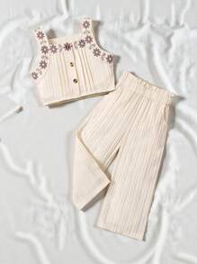 SHEIN Vintaside Kids 2件套女童休闲刺绣波浪条纹上衣和阔腿裤套装，女童裤装套装，裤子和衬衫套装 - 杏色 - 查看 1