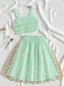 SHEIN 青少年女孩 2 件套雏菊吊带上衣和蓬松短裙套装，非常适合暑假、度假、夏季、旅行 - 薄荷綠 - 查看 9