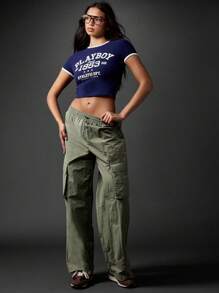 Missguided x Playboy 徽标短款 T 恤复古学院风印花短袖 Ringer T 恤经典大学设计休闲装针织夏季上衣 - 藏蓝色 - 查看 4