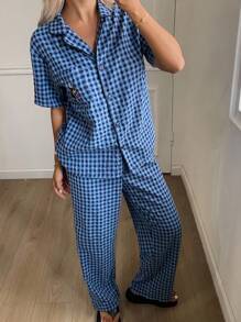 DAZY 2pcs/Set Plaid Cartoon Embroidered Loose Short Sleeve Top & Pants Ladies Pajama Set - Navy Blue - View 7