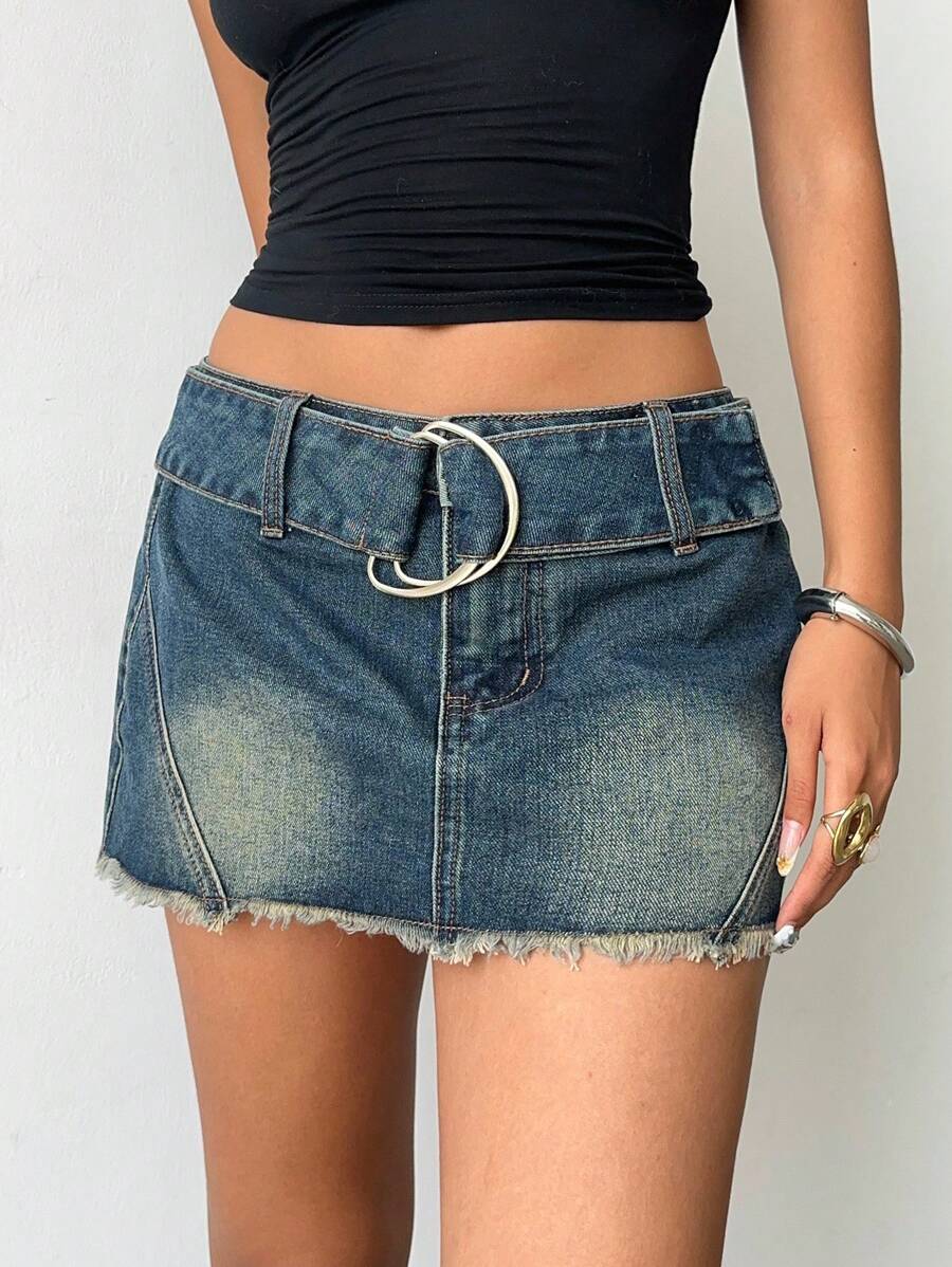 Aloruh Women's Dark Blue Jean Mini Skirt,D-Ring Buckle Frayed Hem Denim Piece For Summer Streetwear Y2k Night Out,Chic Light Wash Versatile Casual Skirt - Light Wash - View 1