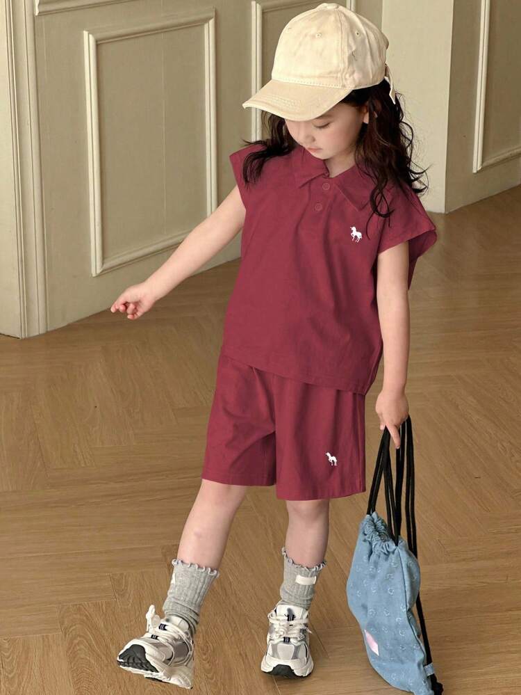 2pcs Young Girls Polo Collar Knit Graphic Embroidery Short Sleeve T-Shirt + Knit Shorts Set, Summer