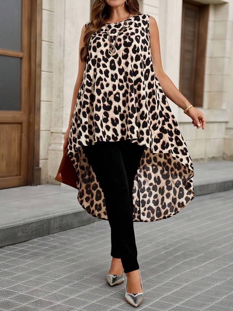 Plus Size Casual Sleeveless Leopard Print Asymmetrical Hem Blouse For Summer,Elegant Tunic Top For Women,Fall,Going Out Tops Women,Summer,Country Concert,Vacation Tops,Country Women,Business Casual