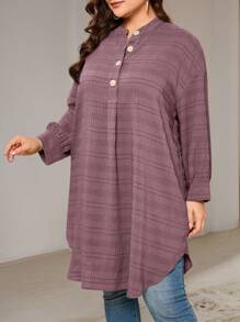Veilorie Plus Size Women's Solid Color Drop Shoulder Long Sleeve Button Half-Placket Long Casual Shirt, Fall - Dusty Purple - View 7