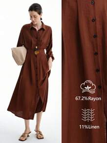 Aalyst Vintage French Long Sleeve Button-Up Pleated Back Elegant Slim Fit Shirt Dress For Women/African Dresses For Women/Linen Midi Dress/Bandage Dresses/Fall/Back To School/Winter,Thanksgiving/Modest Dresses For Women