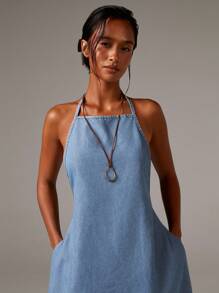 Athîral Denim Women's Chambray Denim Halterneck Backles Maxi Dress,Fall Women Clothes,Holiday,Vintage Dress,Modest Dresses For Women - Light Wash - View 4