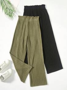 SHEIN Vintaside Kids Chica preadolescente 2 piezas Pantalones de pierna ancha de cintura con volante tejido de canalé - Multicolor - Ver 10