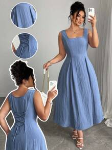 Elenzga Plus Size Women Square Neck A-Line Cinched Waist Elegant Dress, Bow, Birthday, Summer, Romantic, Graduation, Wedding Guest