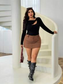 SHEIN EZwear Plus Size Women Solid Color Twist Hollow Out Long Sleeve Pullover Sweater,Fall,Winter - Black - View 4