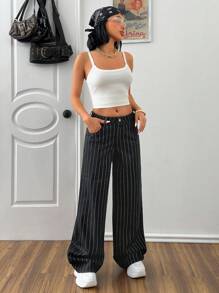 SHEIN Cottnline Women's Striped Low Waist Pockets Wide Leg Loose Casual Versatile Jeans Striped Pants Pinstripe Pants High Waist Pants Women Pants Casual Black And White Striped Pants - Medium Wash - View 4