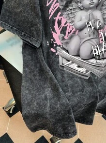 Flirla 大码休闲街头风格唇印圆领 T 恤，100% 纯棉 - 黑色 - 查看 5